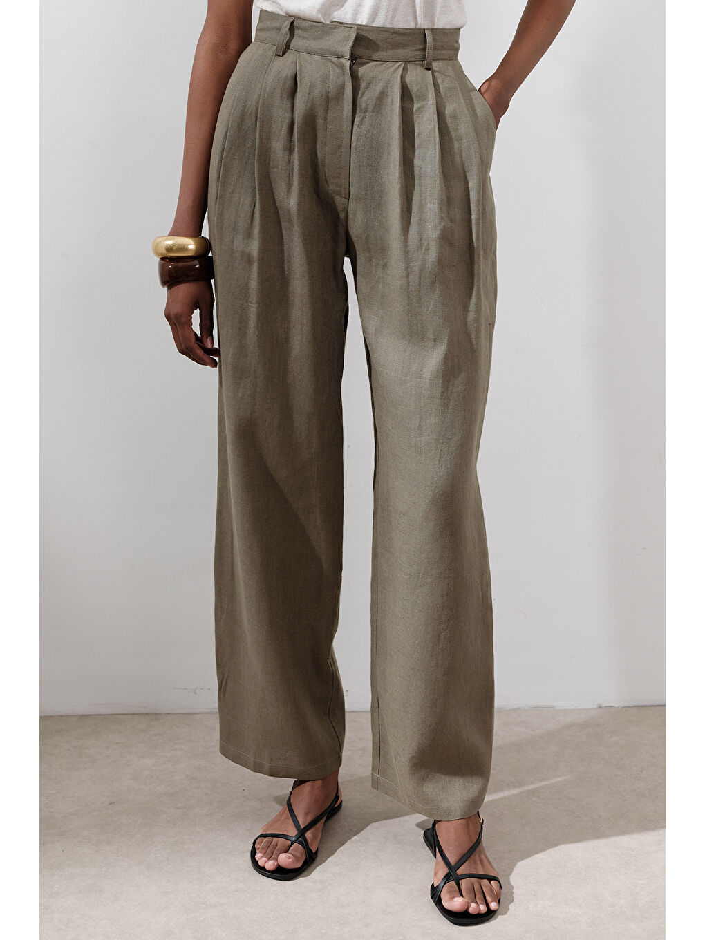 Keten Pileli Geniş Pantolon Haki-2