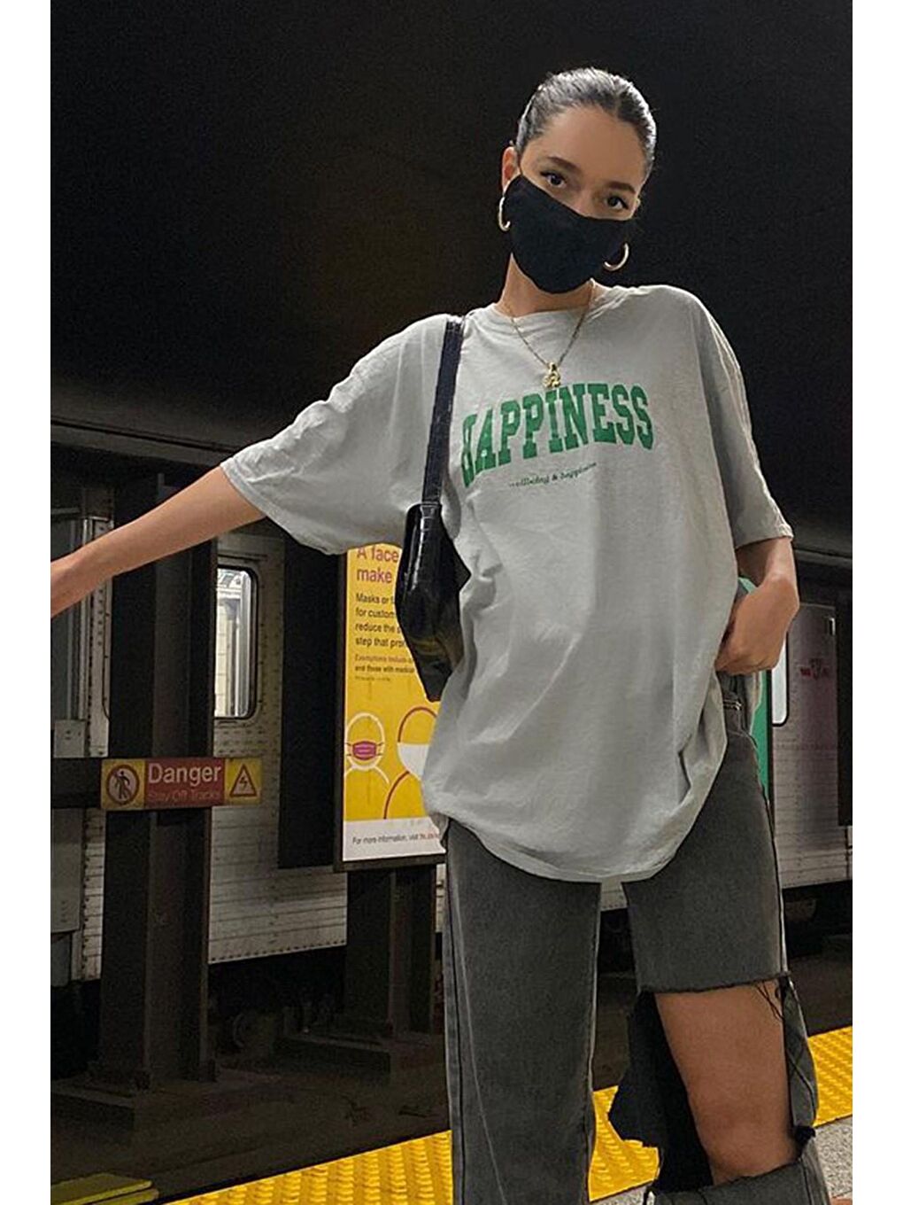 Kadın Gri Baskılı Oversize Tişört Mg1230-3