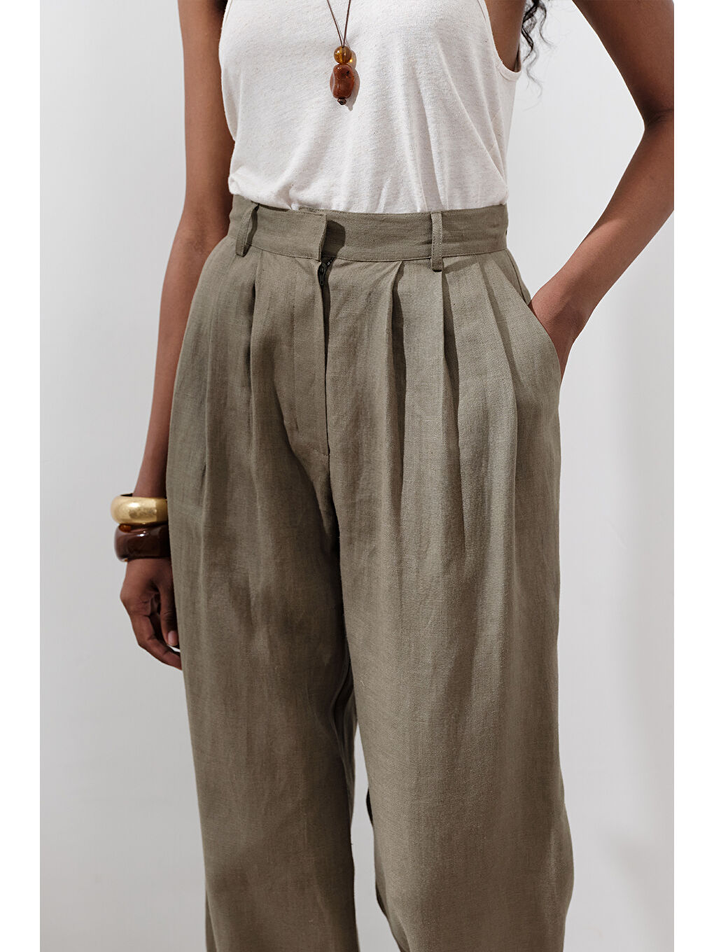 Keten Pileli Geniş Pantolon Haki-3