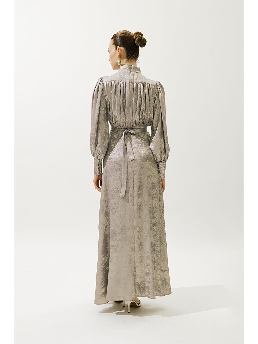 Gri Işıltılı Abiye Elbise Gümüş-6