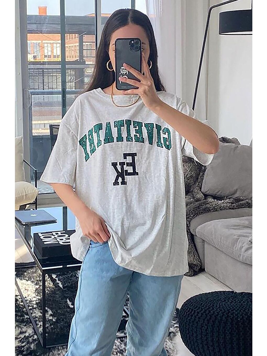 Kadın Gri Baskılı Oversize Tişört Mg1318-4