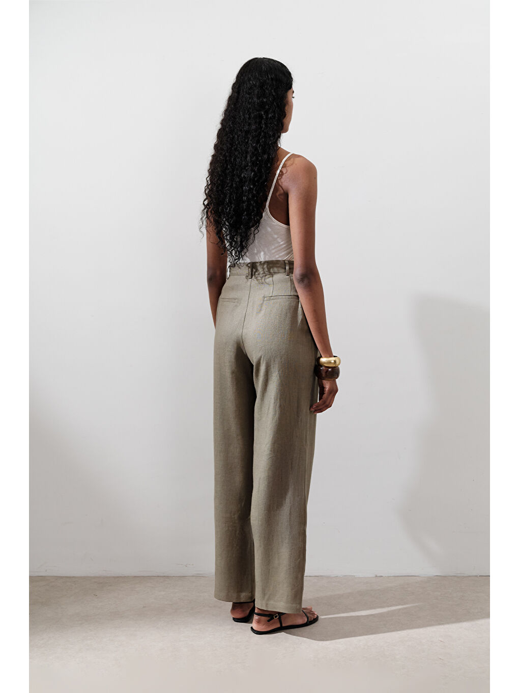 Keten Pileli Geniş Pantolon Haki-4