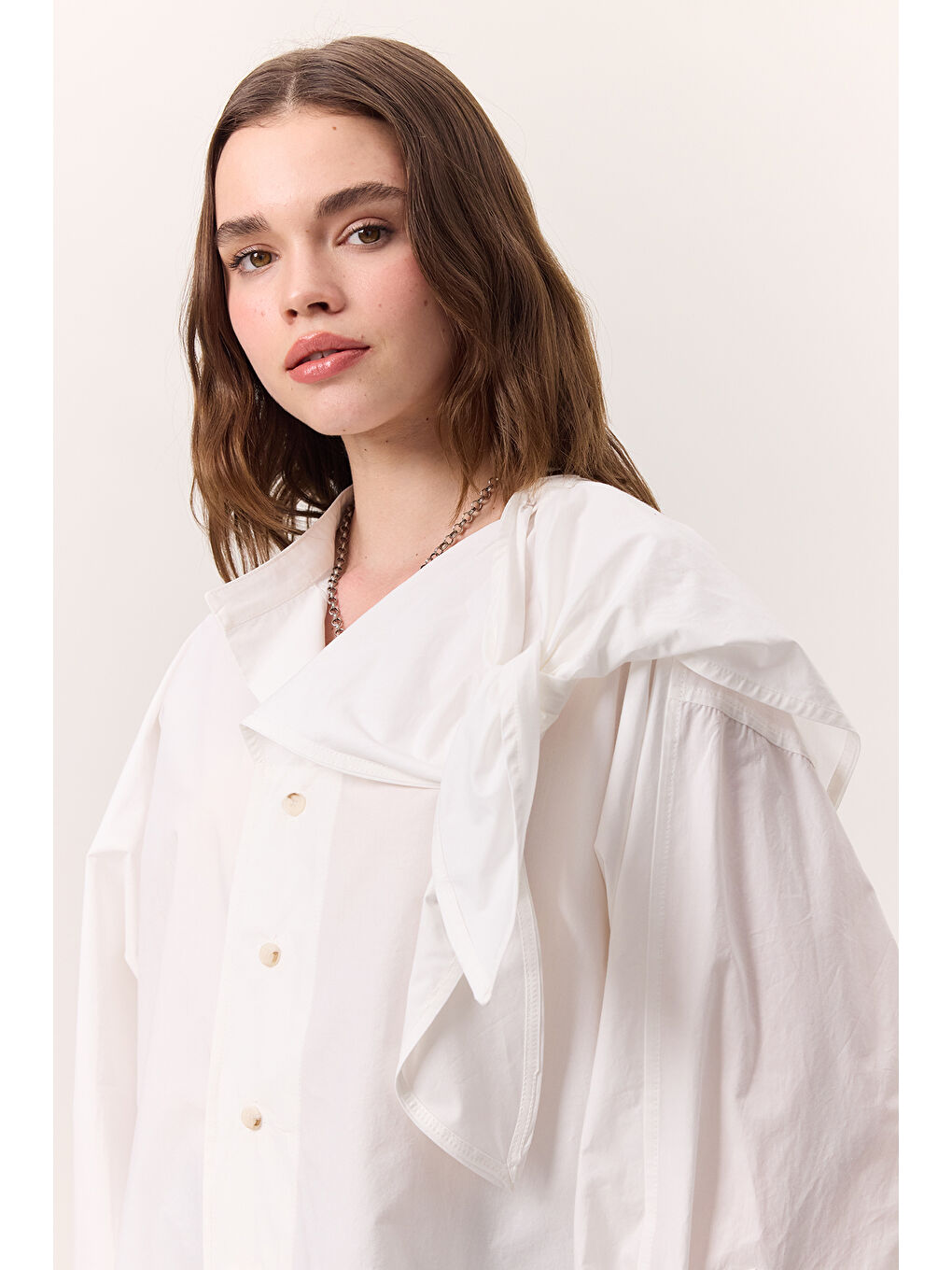 Bağlamalı Detaylı Tasarım Gömlek Ekru-1