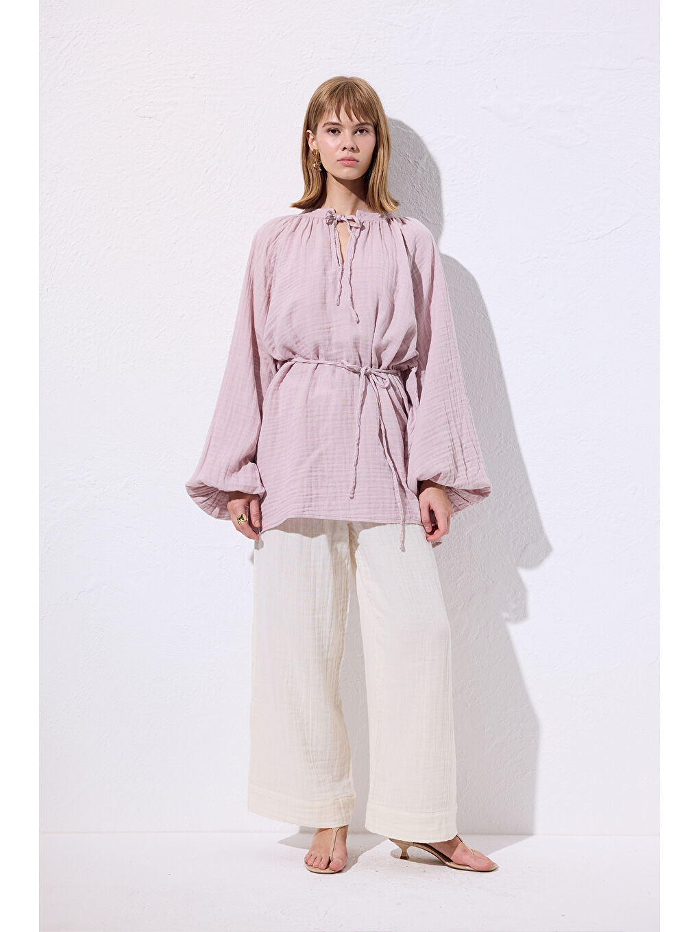 Pembe Müslin Bağlamalı Bluz Pudra-2
