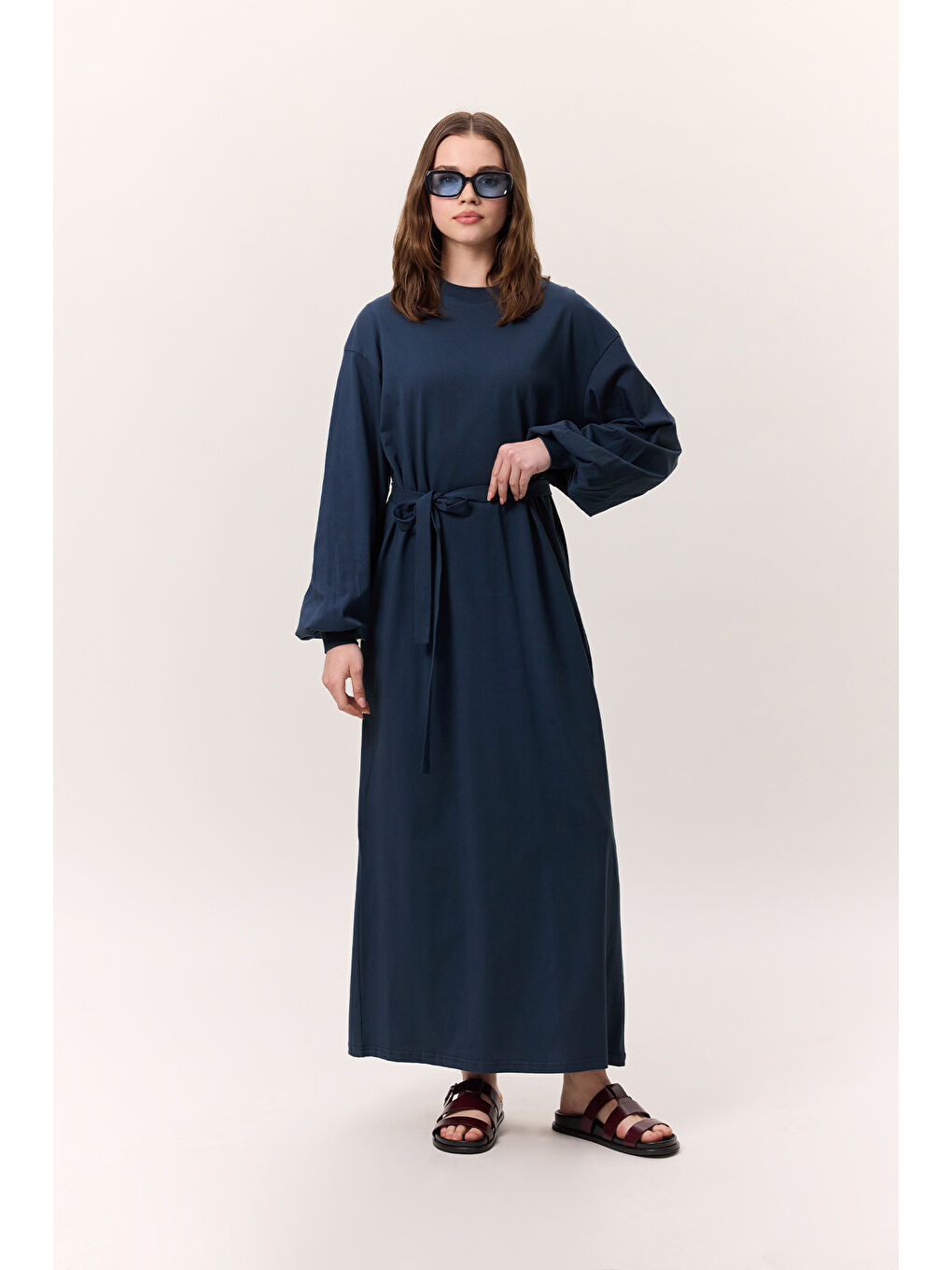 Balon Kollu Uzun Rahat Elbise İndigo