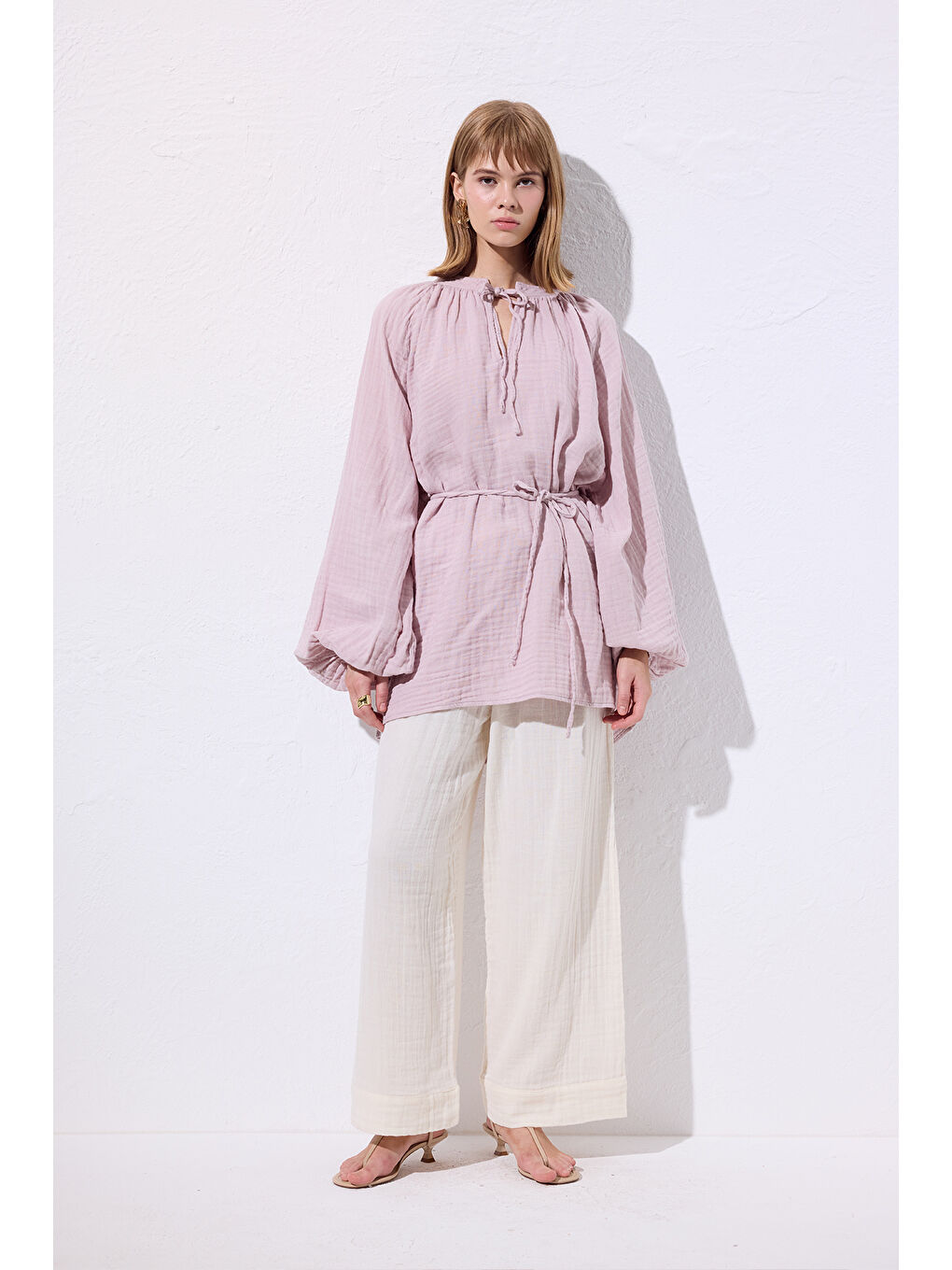 Pembe Müslin Bağlamalı Bluz Pudra-3