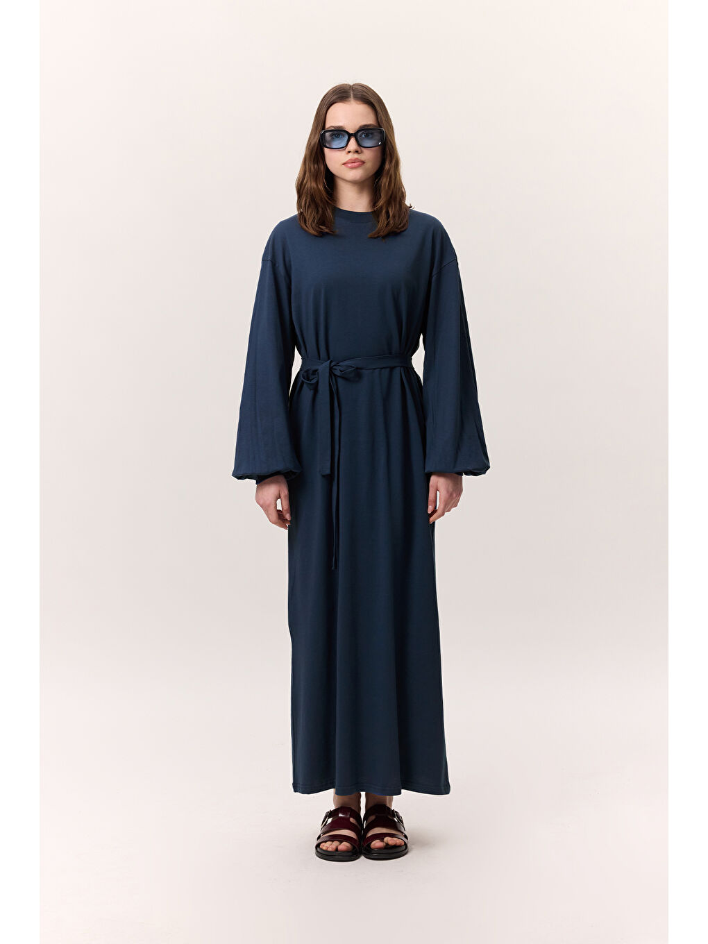 Balon Kollu Uzun Rahat Elbise İndigo-1