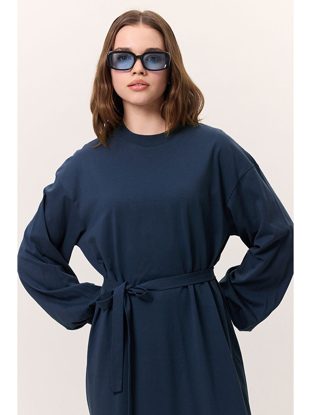 Balon Kollu Uzun Rahat Elbise İndigo-2