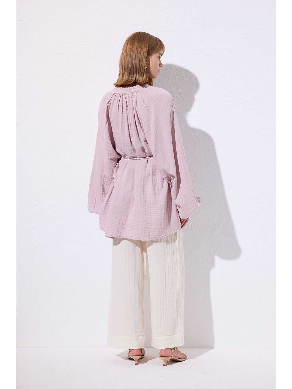 Pembe Müslin Bağlamalı Bluz Pudra-4