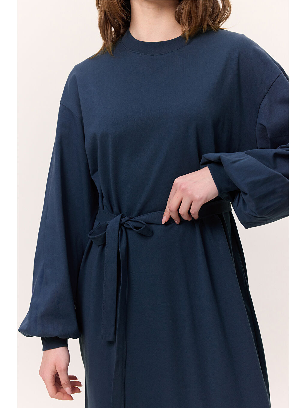 Balon Kollu Uzun Rahat Elbise İndigo-3