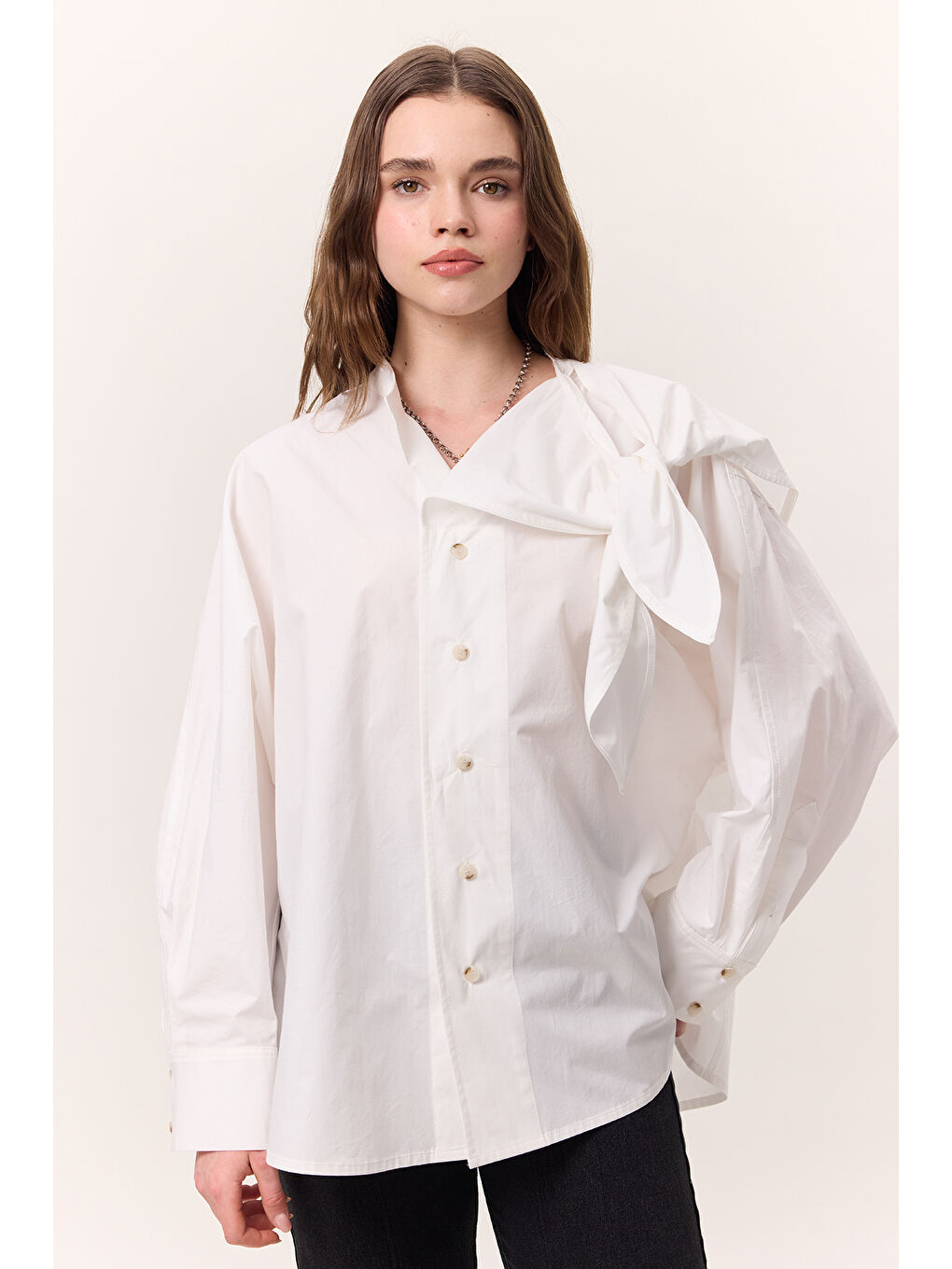 Bağlamalı Detaylı Tasarım Gömlek Ekru-5