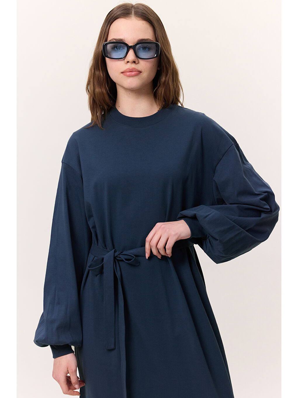 Balon Kollu Uzun Rahat Elbise İndigo-4