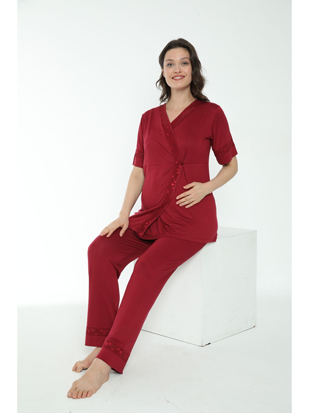 Bordo Sabahlıklı Hamile Ve Lohusa Pijama Takımı-3