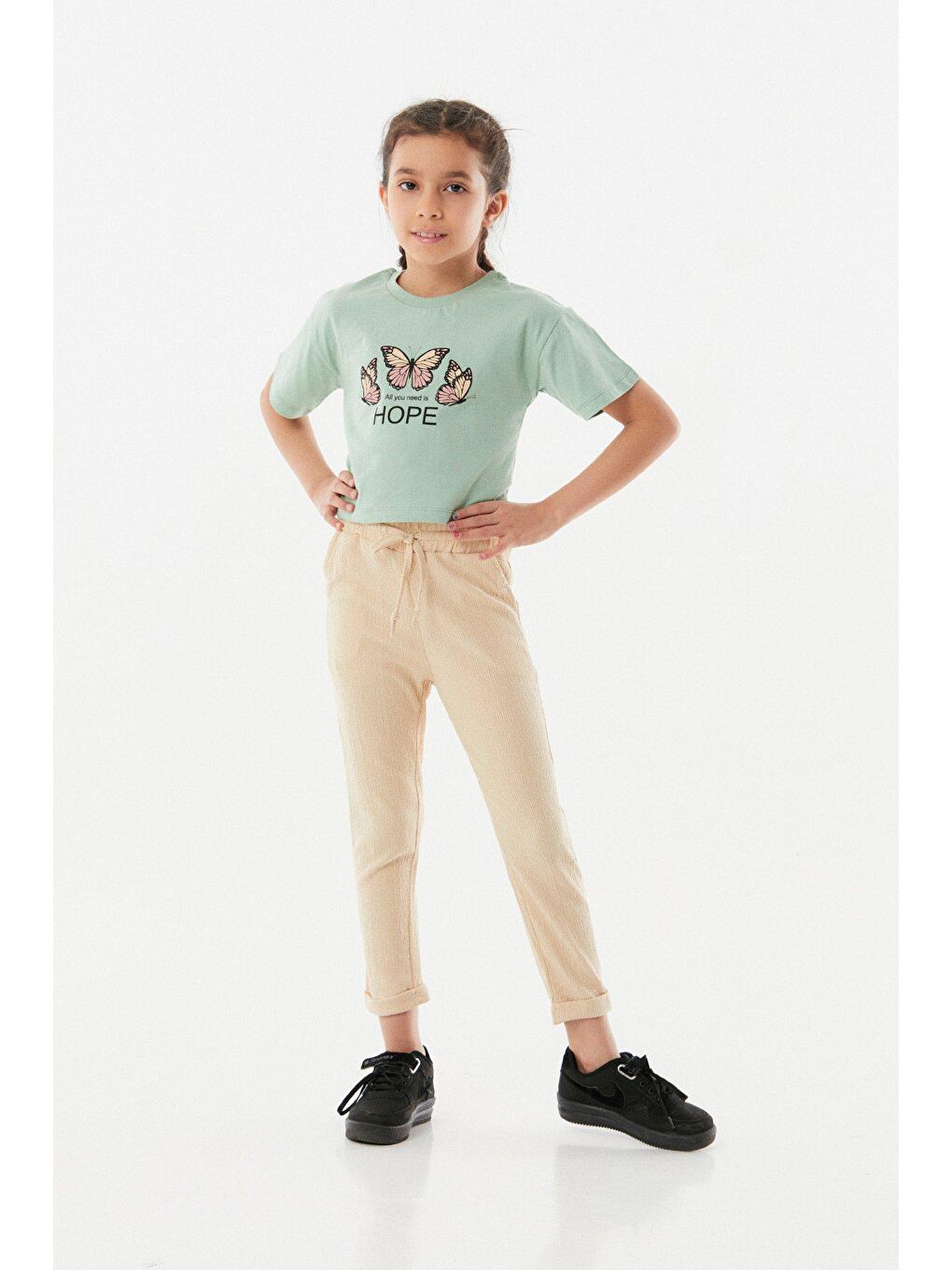 Turkuaz Baskılı Crop Kız Çocuk Takım