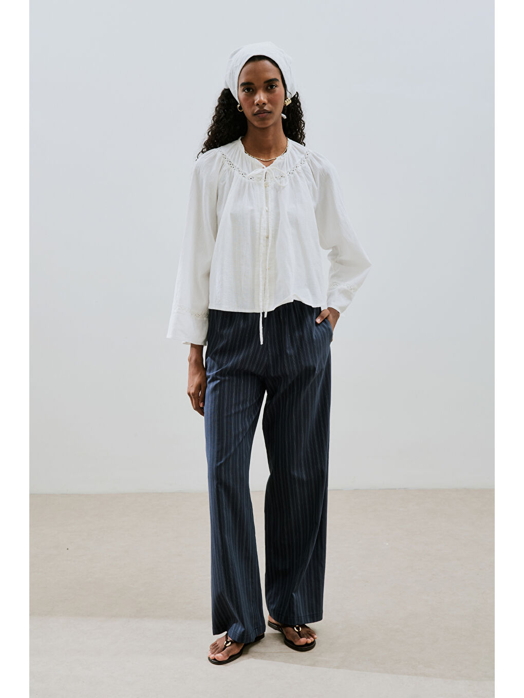 Çizgili Beli Lastikli Pantolon Lacivert-1