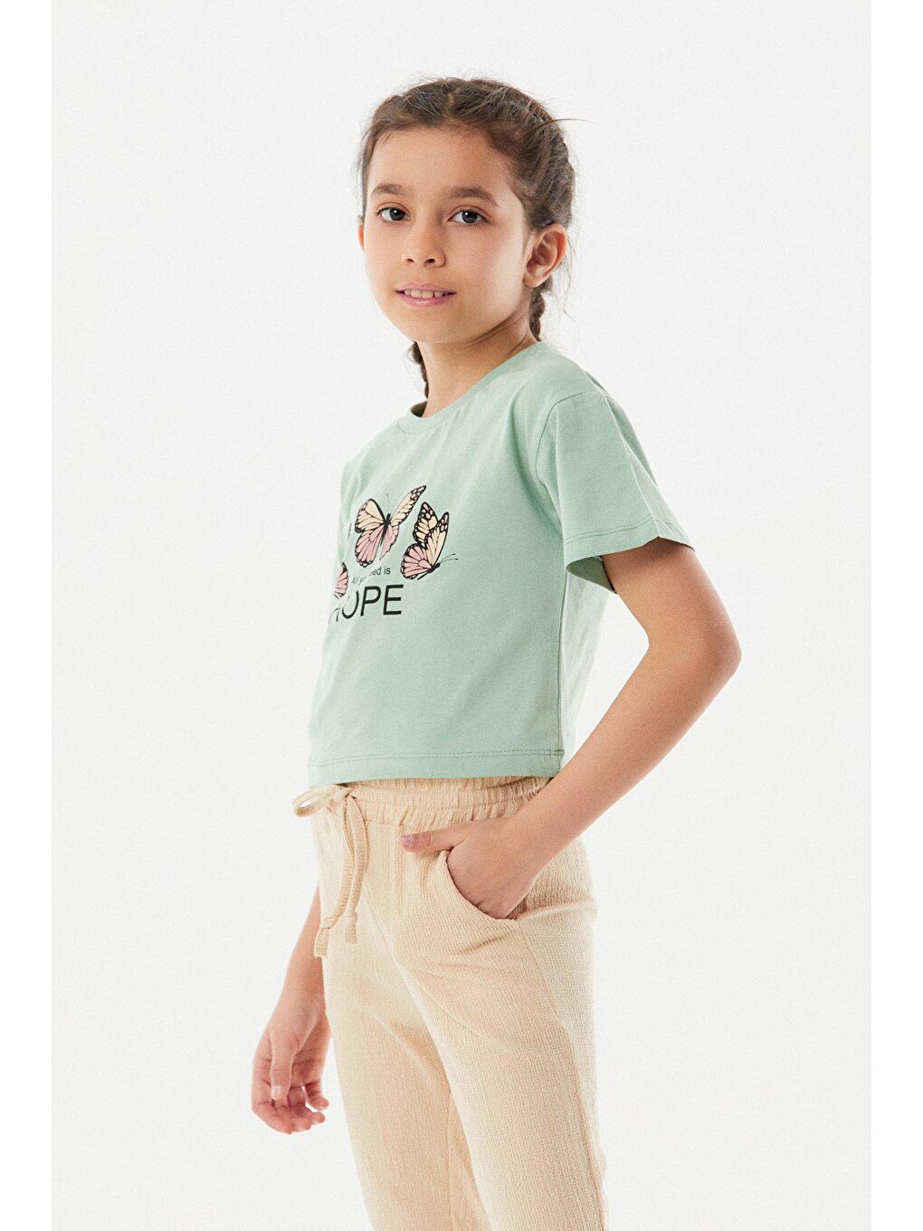 Turkuaz Baskılı Crop Kız Çocuk Takım-1