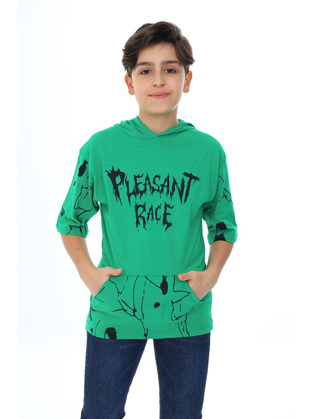 Yeşil Erkek Çocuk Kapüşonlu Kargo Cepli Baskılı T-Shirt 9-15 Yaş