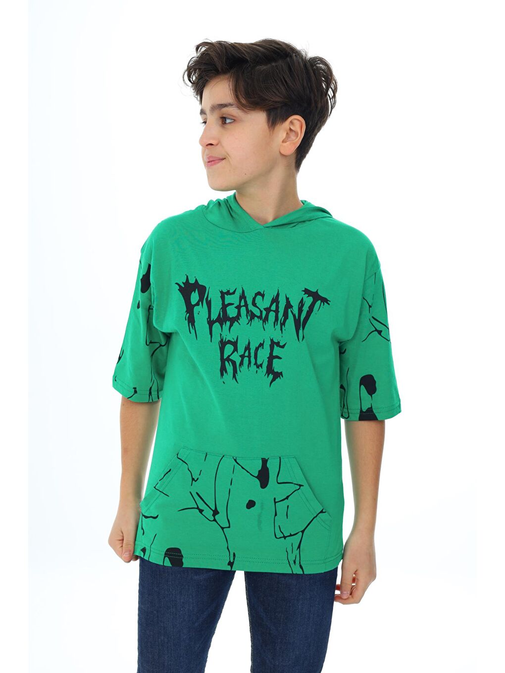 Yeşil Erkek Çocuk Kapüşonlu Kargo Cepli Baskılı T-Shirt 9-15 Yaş-1