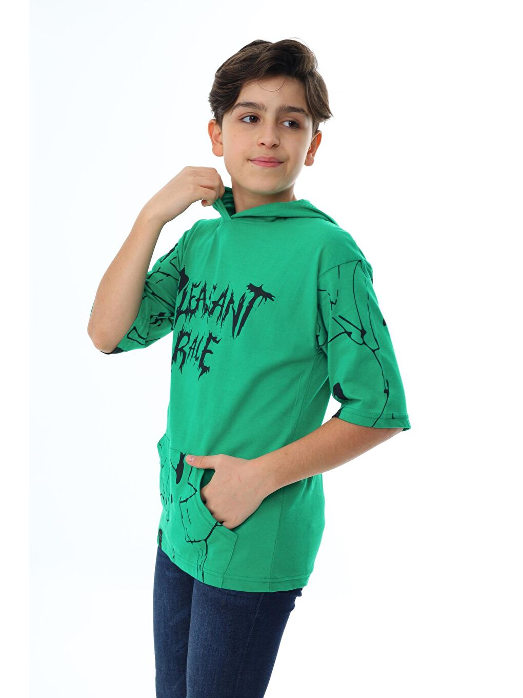 Yeşil Erkek Çocuk Kapüşonlu Kargo Cepli Baskılı T-Shirt 9-15 Yaş-2