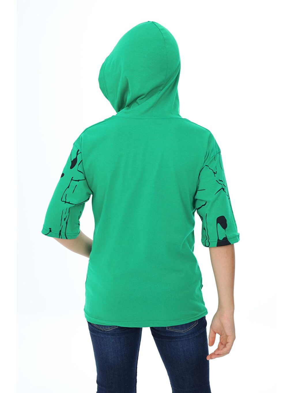 Yeşil Erkek Çocuk Kapüşonlu Kargo Cepli Baskılı T-Shirt 9-15 Yaş-3