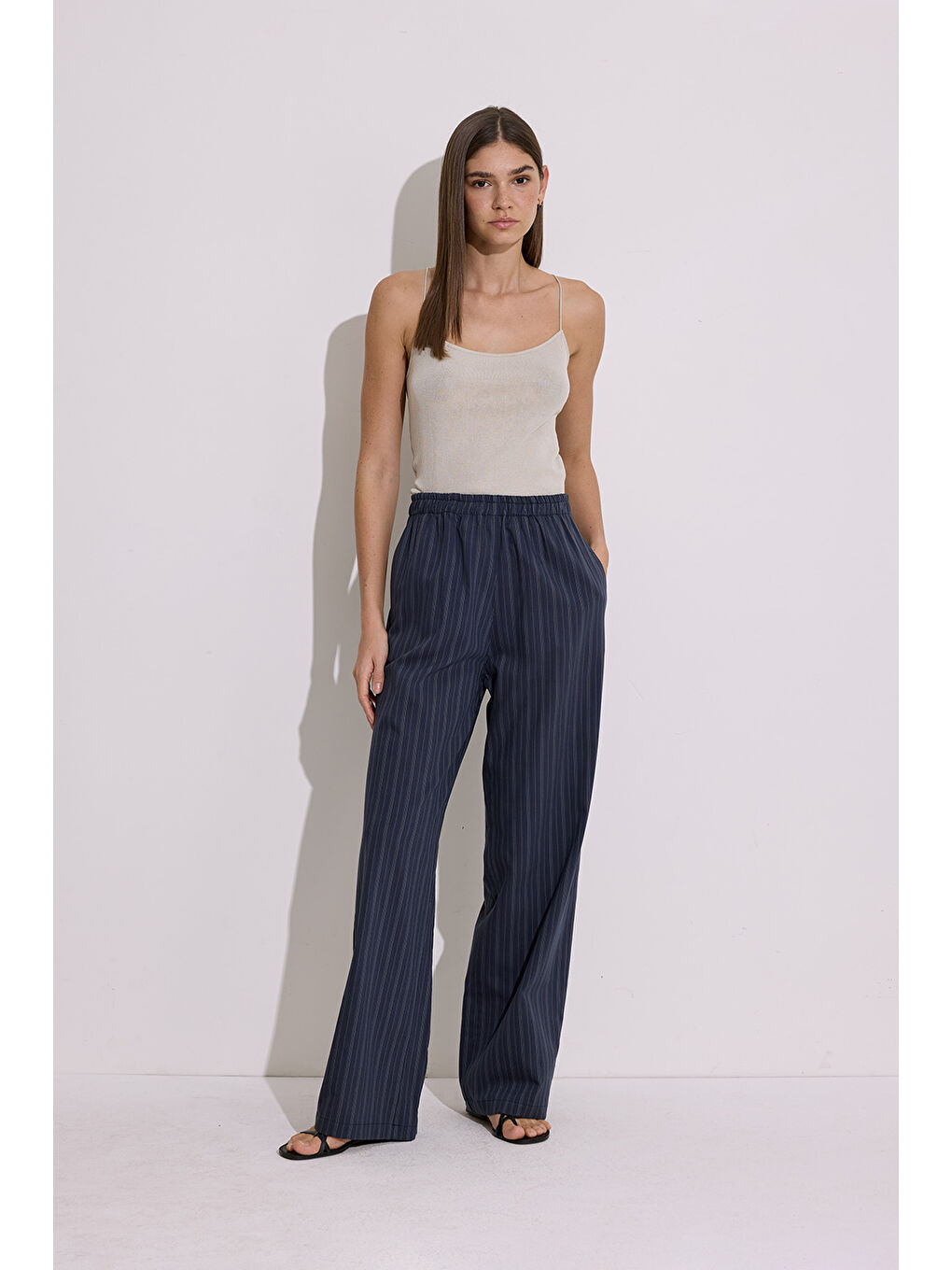 Çizgili Beli Lastikli Pantolon Lacivert-3