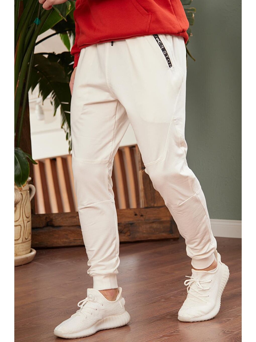 Erkek Regular Kalıp Lastik Paça Eşofman Altı Ekru-1