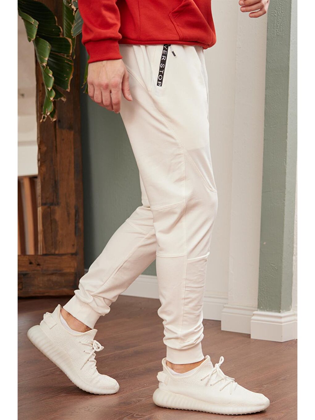 Erkek Regular Kalıp Lastik Paça Eşofman Altı Ekru-3