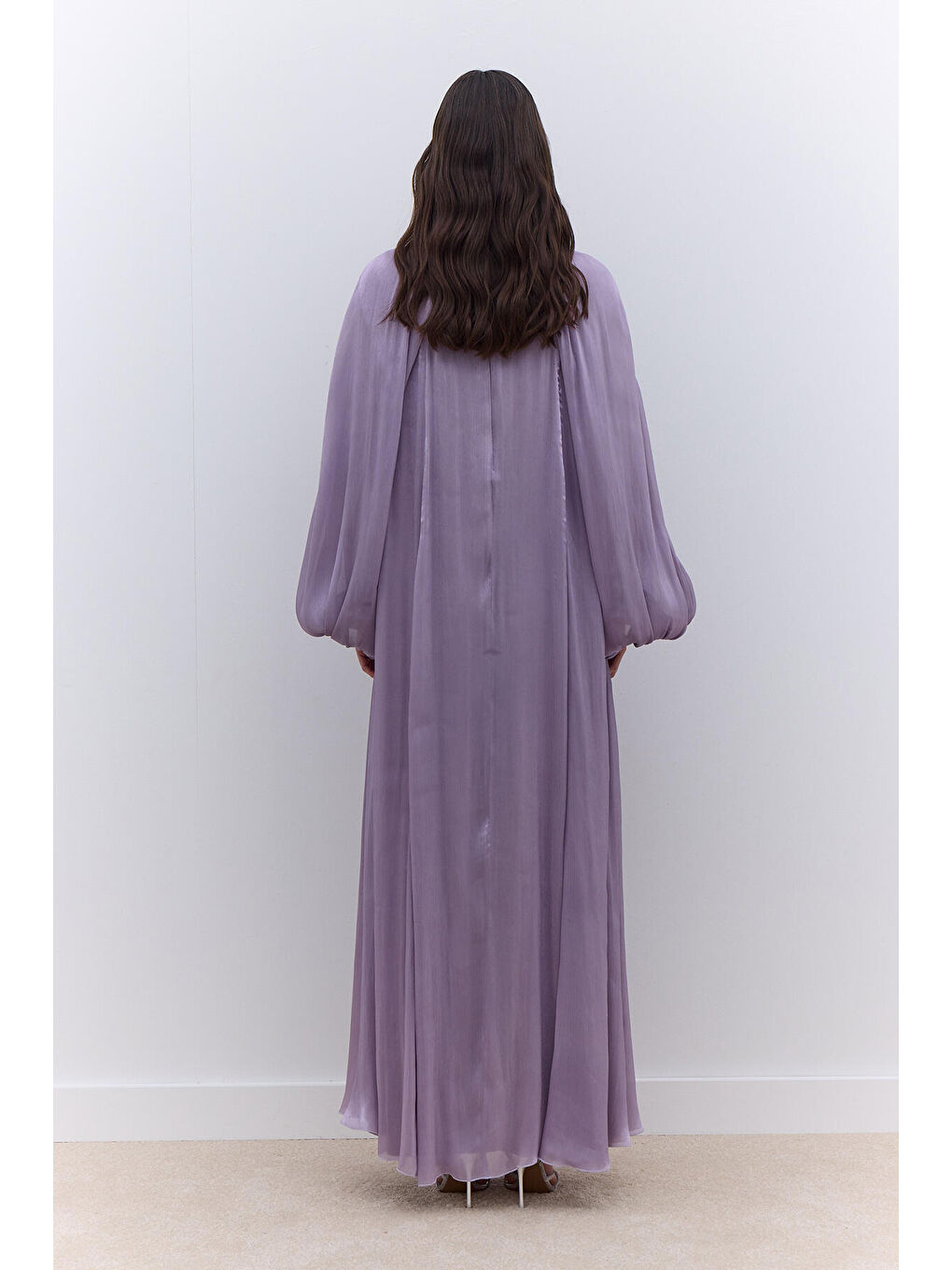 Geniş Kol Detaylı Elbise Lila-4
