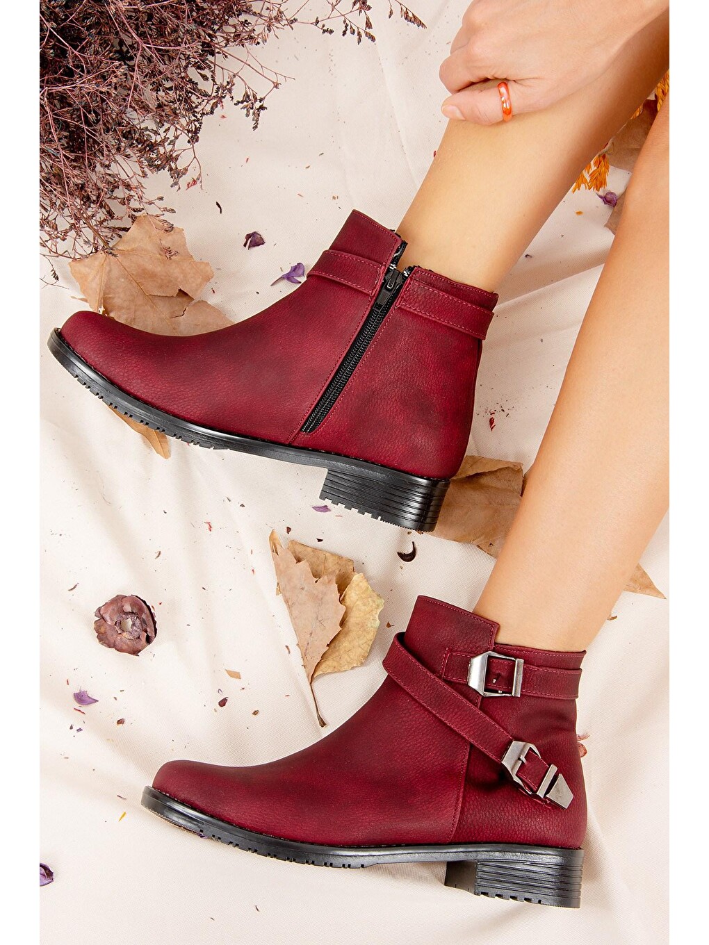 Bordo Baskı Kadın Bot A726193409-1