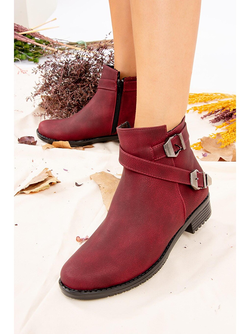 Bordo Baskı Kadın Bot A726193409-2