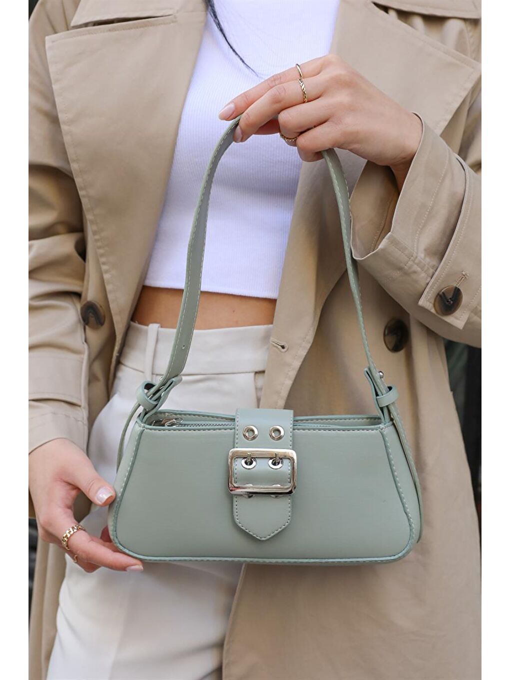 Yeşil Toka Detaylı Kol Çantası Mint-1