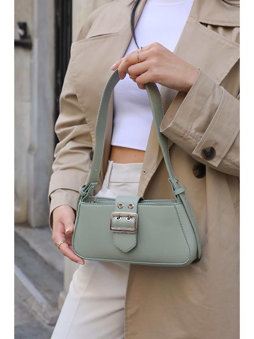 Yeşil Toka Detaylı Kol Çantası Mint-2