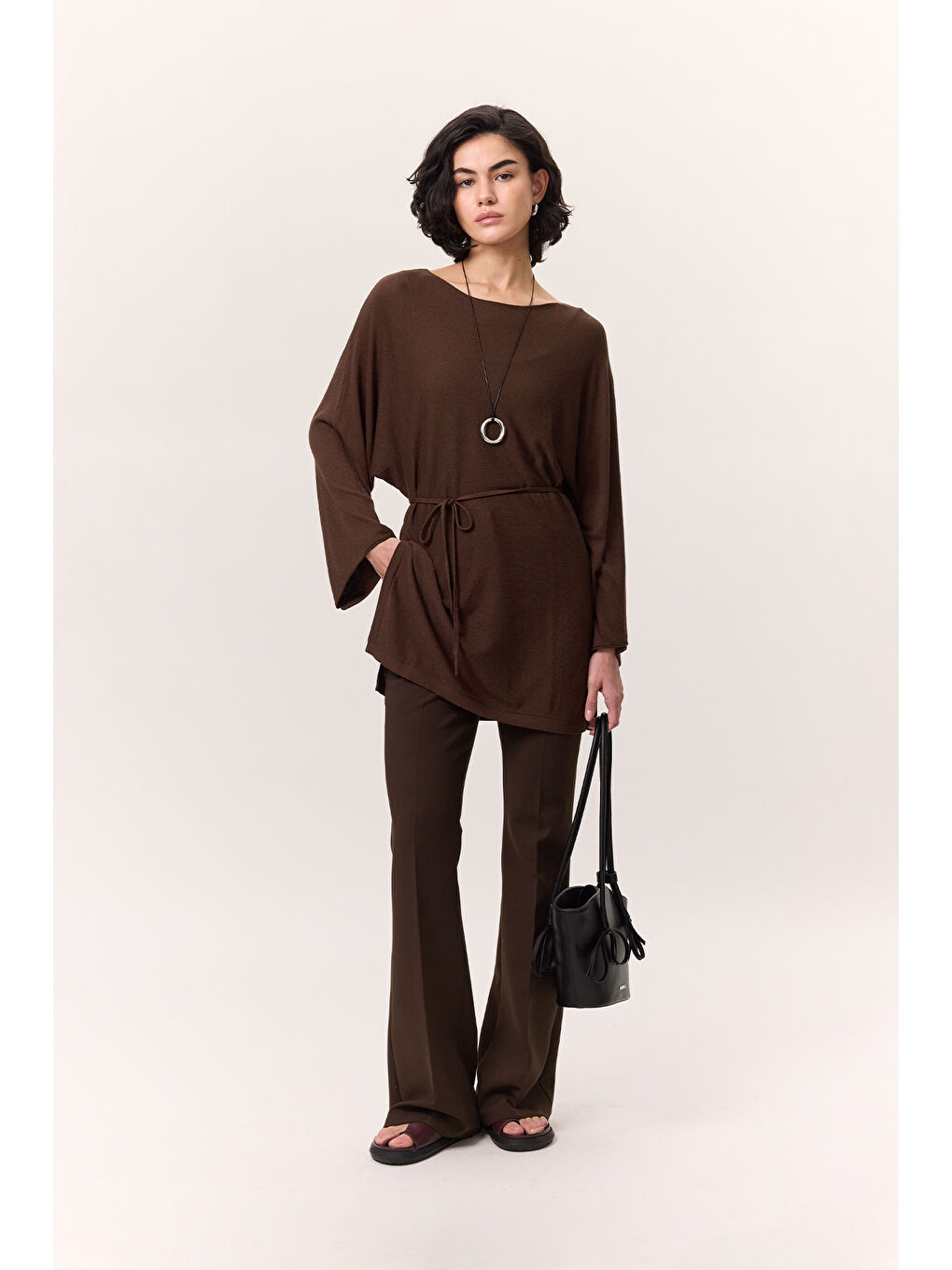 Triko Kuşaklı Tunik Kahverengi-1