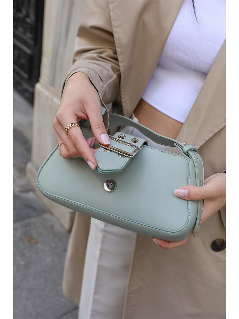 Yeşil Toka Detaylı Kol Çantası Mint-4