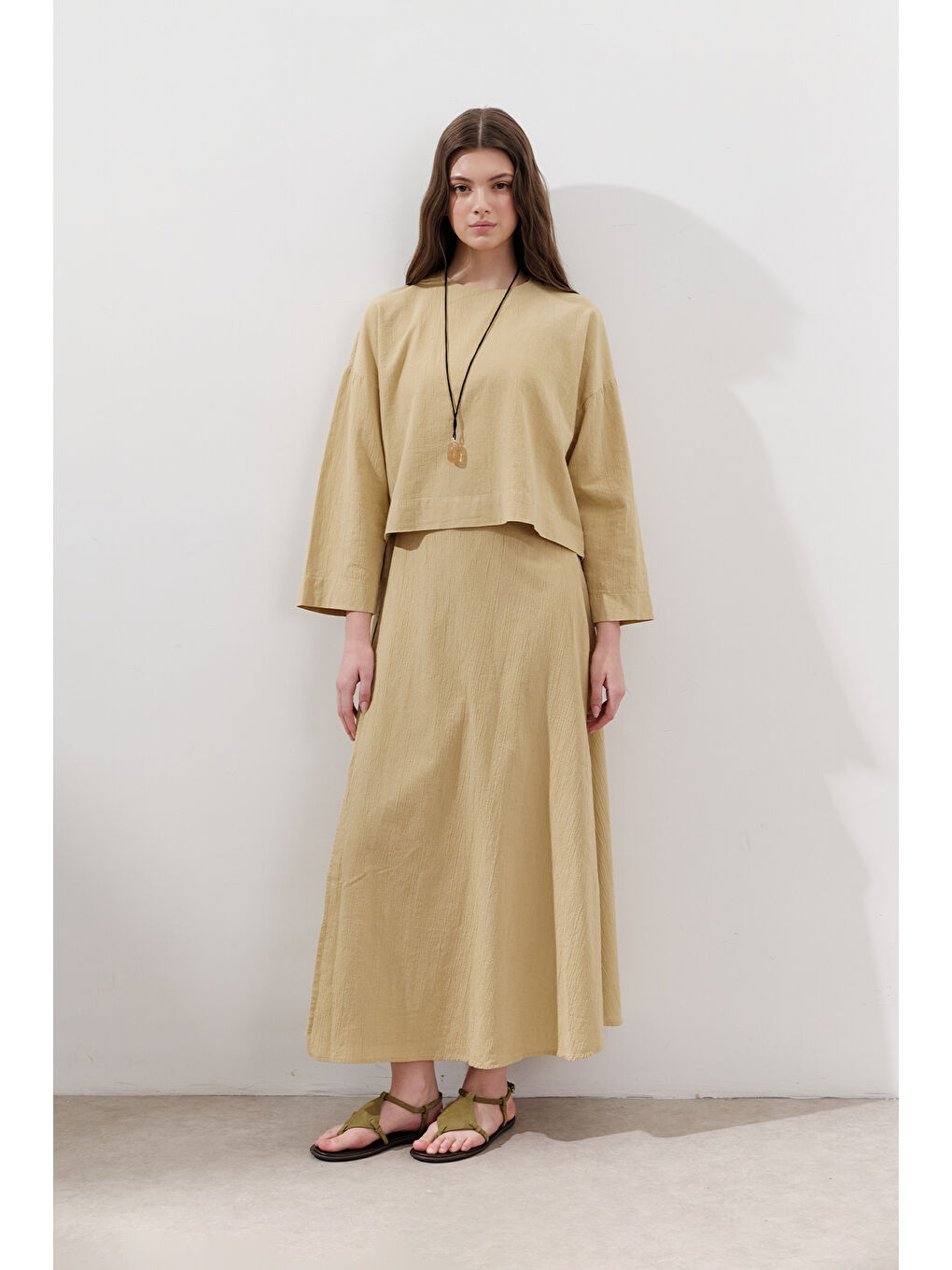 Pamuklu Geniş Kol Crop Bluz Sarı-2