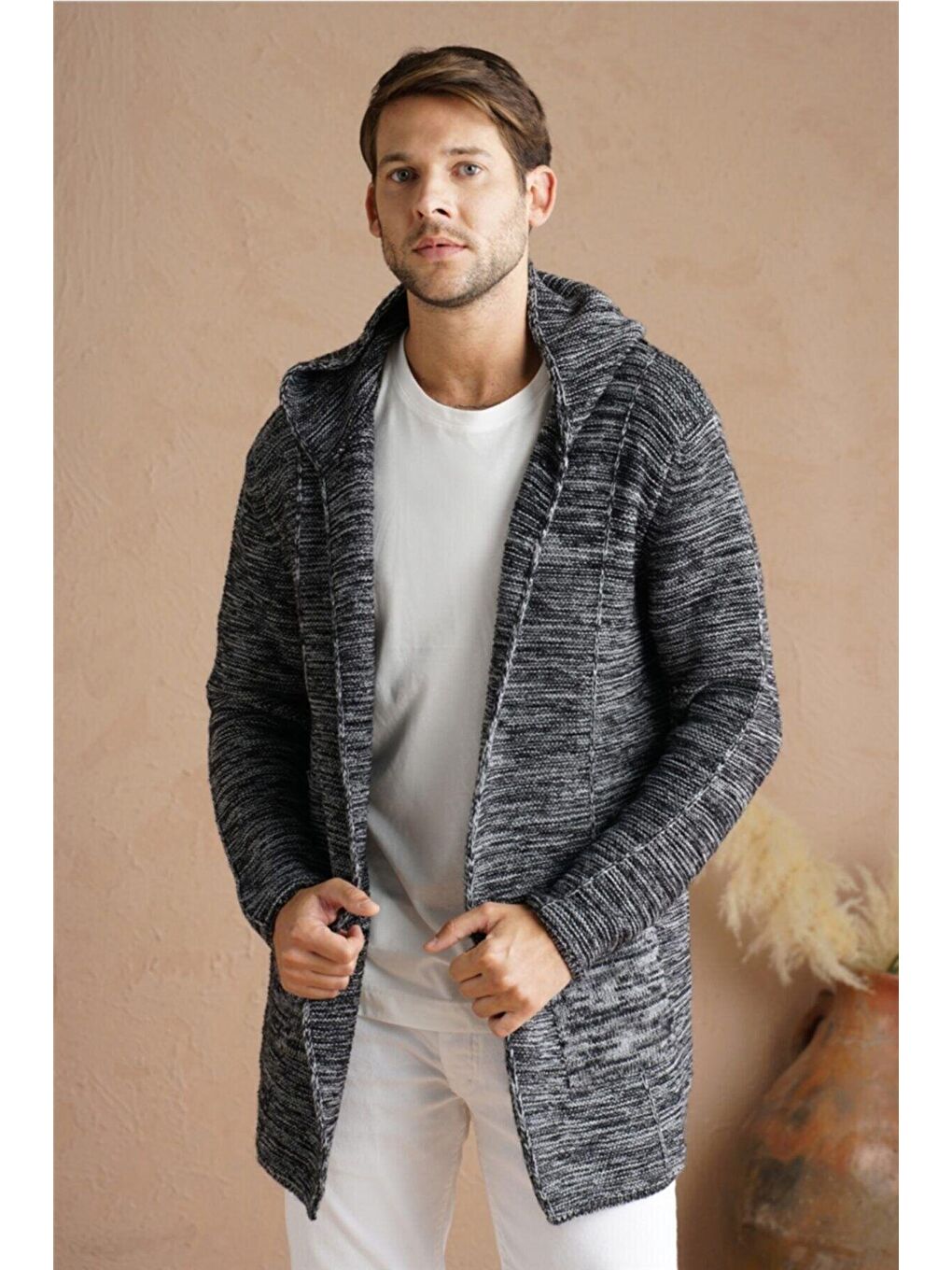 Gri Erkek Füme Karışım Kapüşonlu Triko Hırka-1