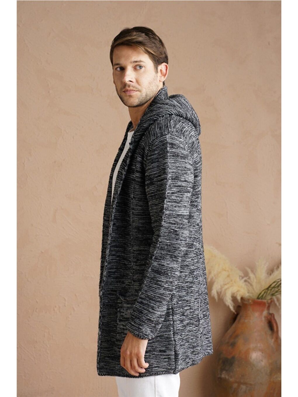 Gri Erkek Füme Karışım Kapüşonlu Triko Hırka-3