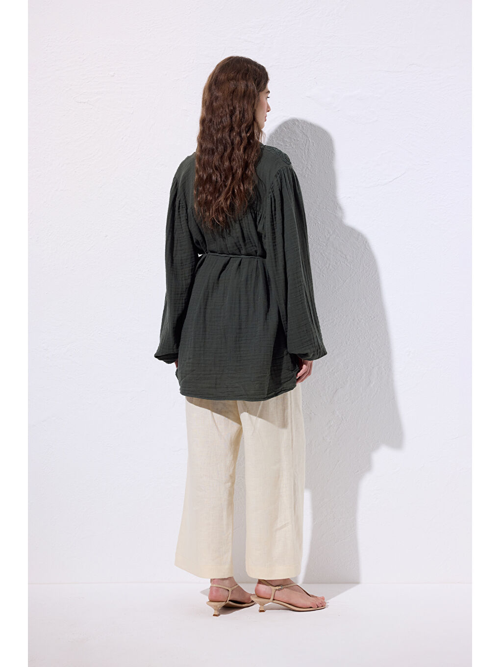 Müslin İşlemeli Gömlek Koyu Yeşil-5