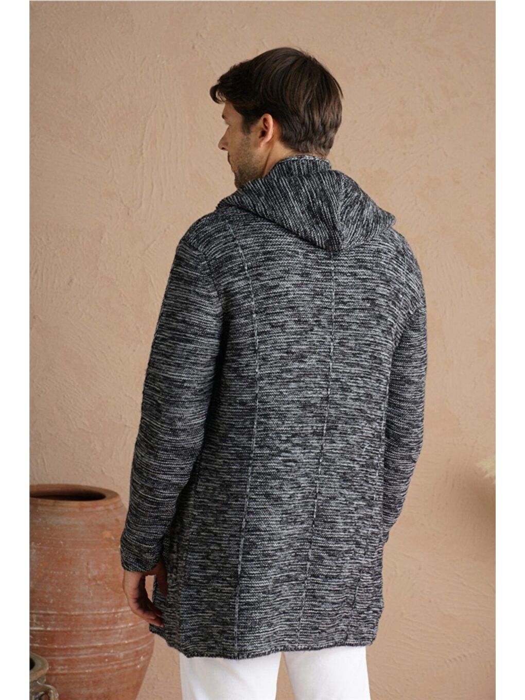 Gri Erkek Füme Karışım Kapüşonlu Triko Hırka-5