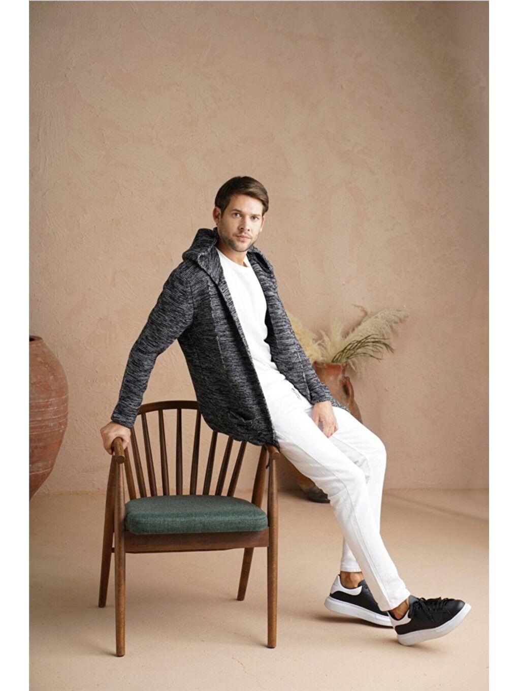 Gri Erkek Füme Karışım Kapüşonlu Triko Hırka-7