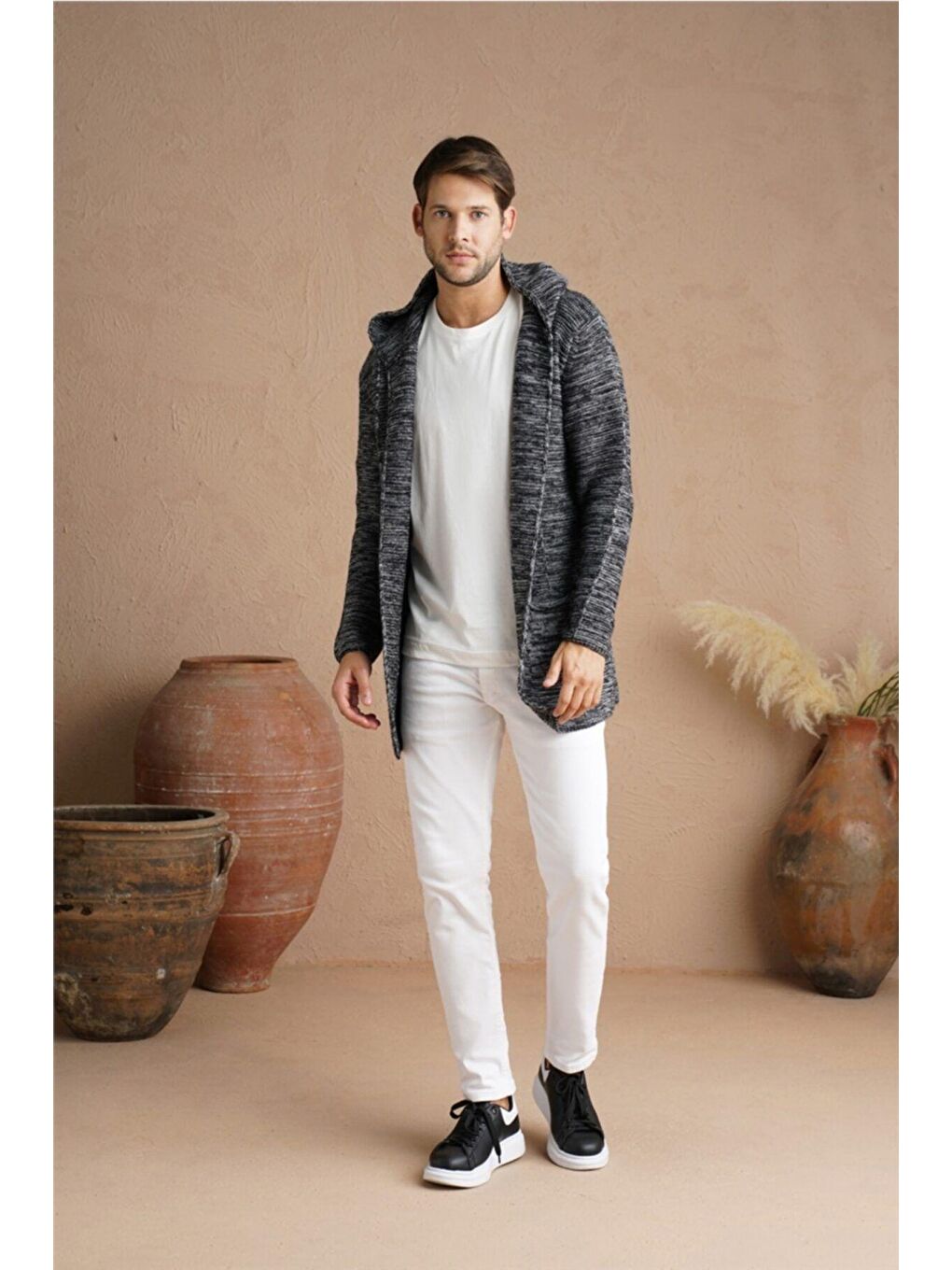 Gri Erkek Füme Karışım Kapüşonlu Triko Hırka-9