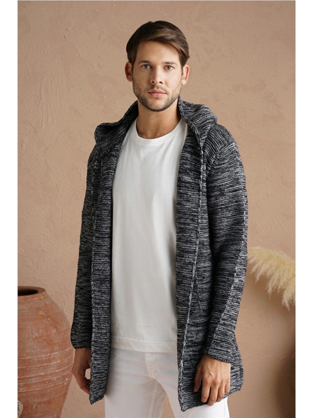 Gri Erkek Füme Karışım Kapüşonlu Triko Hırka-11