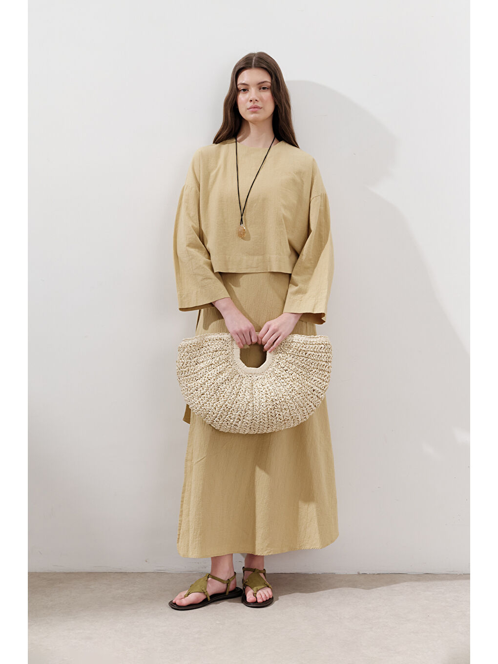 Pamuklu Geniş Kol Crop Bluz Sarı-3