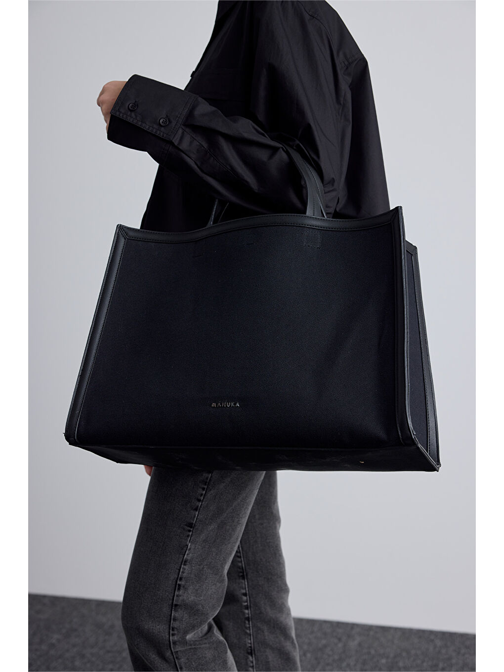 Kanvas Deri Detaylı Shopper Çanta Siyah