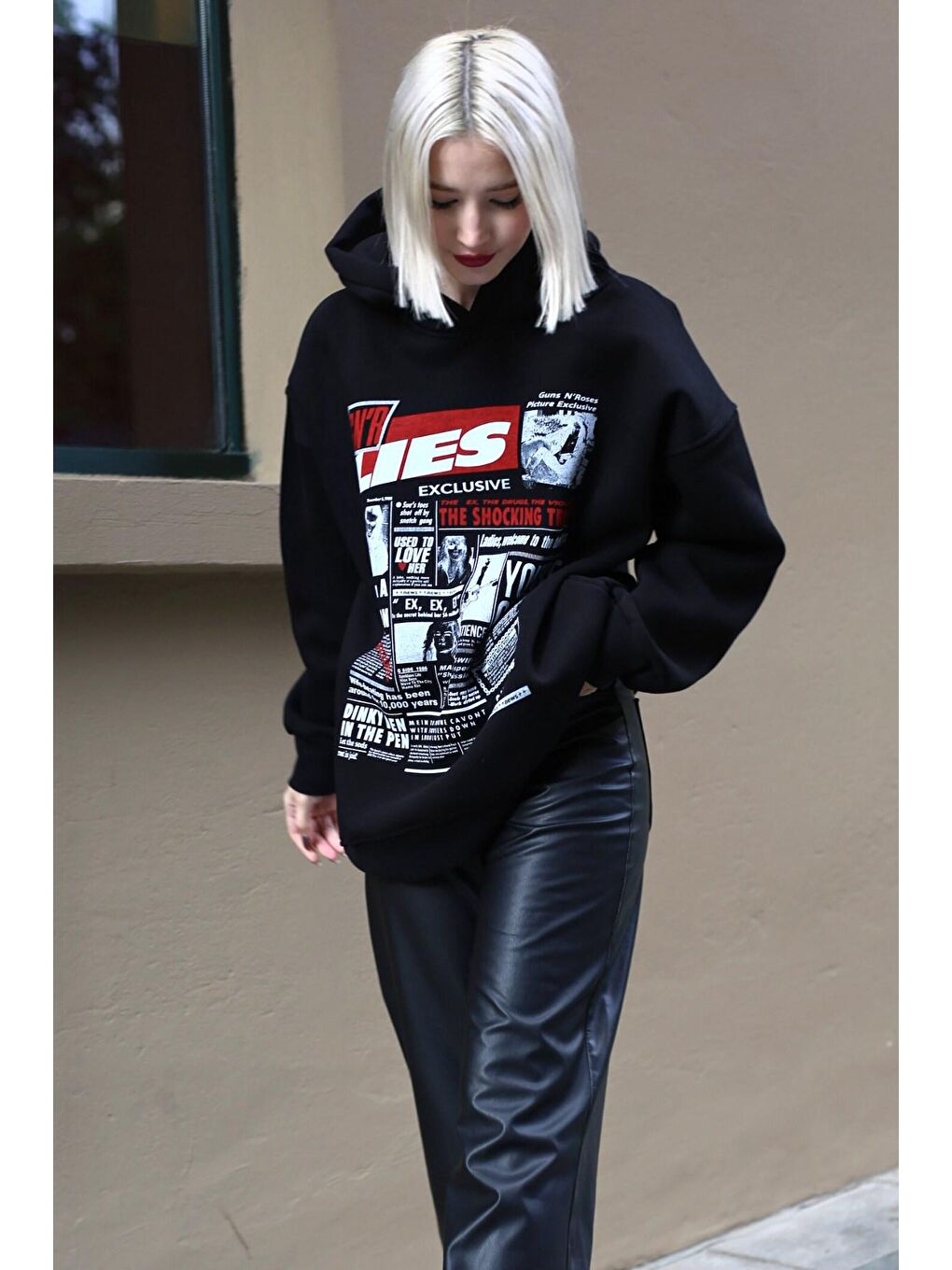 Madmext Siyah Baskılı Oversize Kapüşonlu  Kadın Sweatshirt MG1581