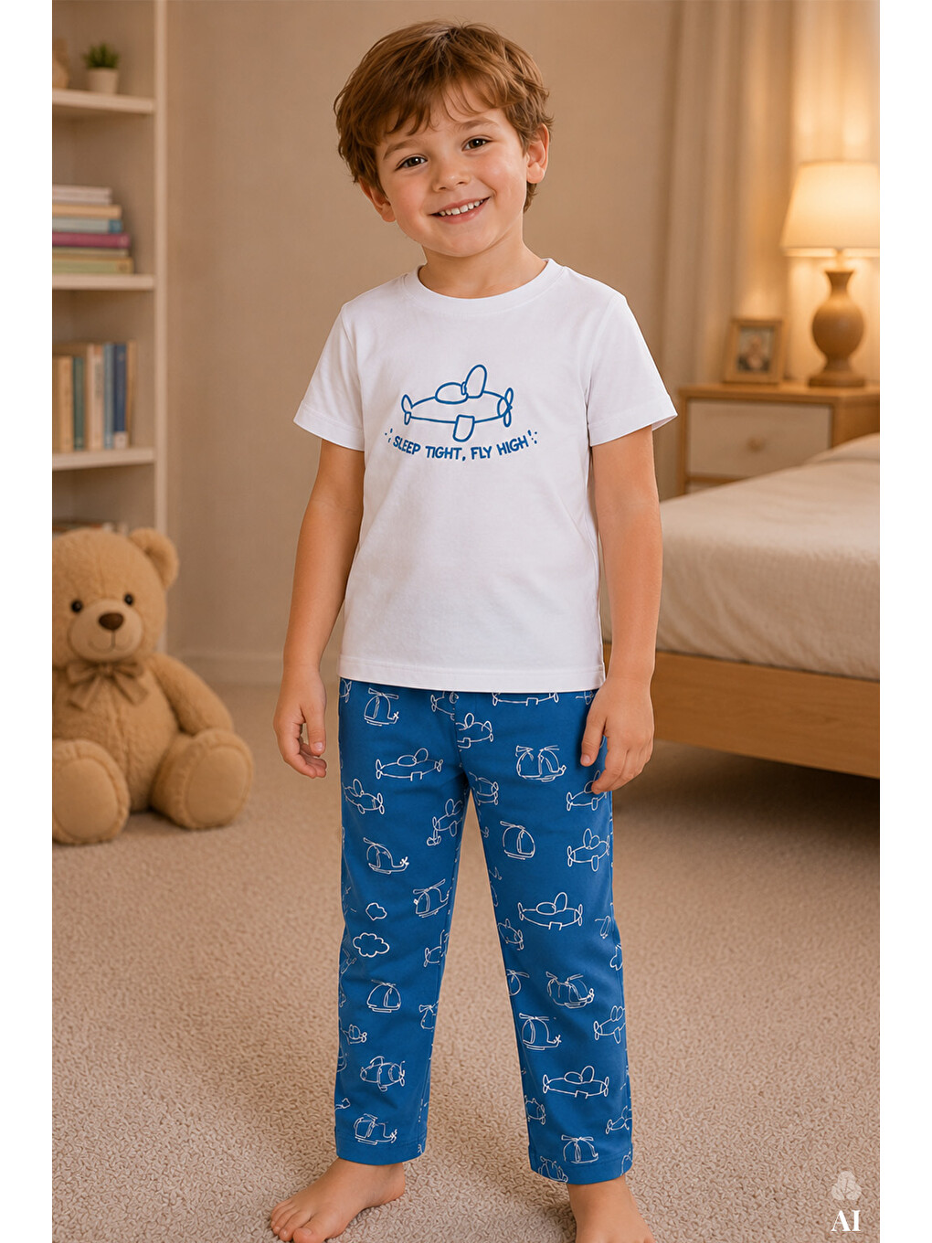 Mavi Erkek Çocuk Kısa Kollu Pamuklu Hayvan Desenli Pijama Takımı-1