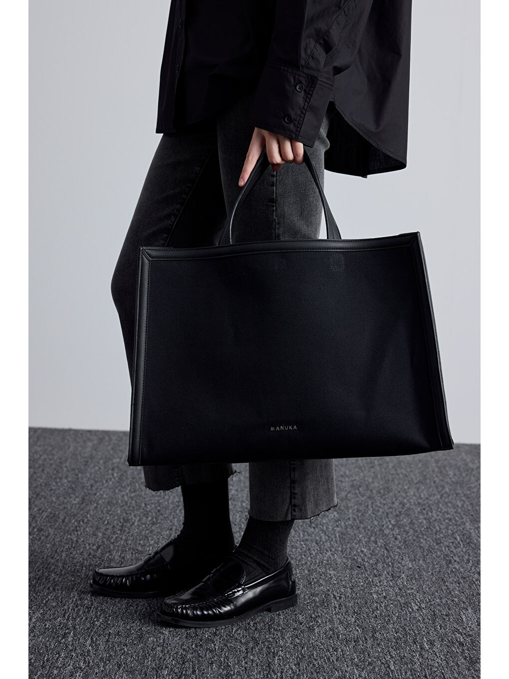 Kanvas Deri Detaylı Shopper Çanta Siyah-2