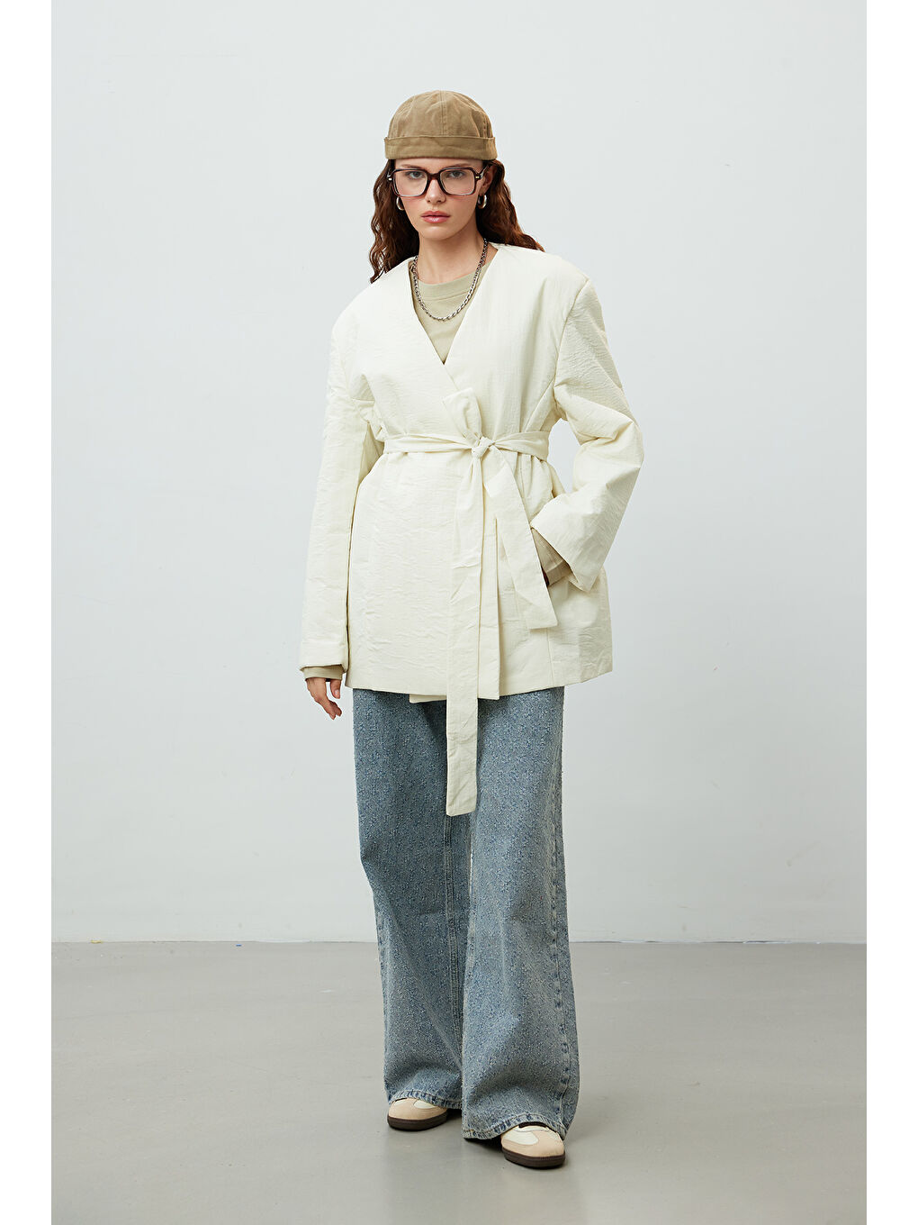 Bej Kimono Tarz Dolgulu Blazer Ceket Vanilya