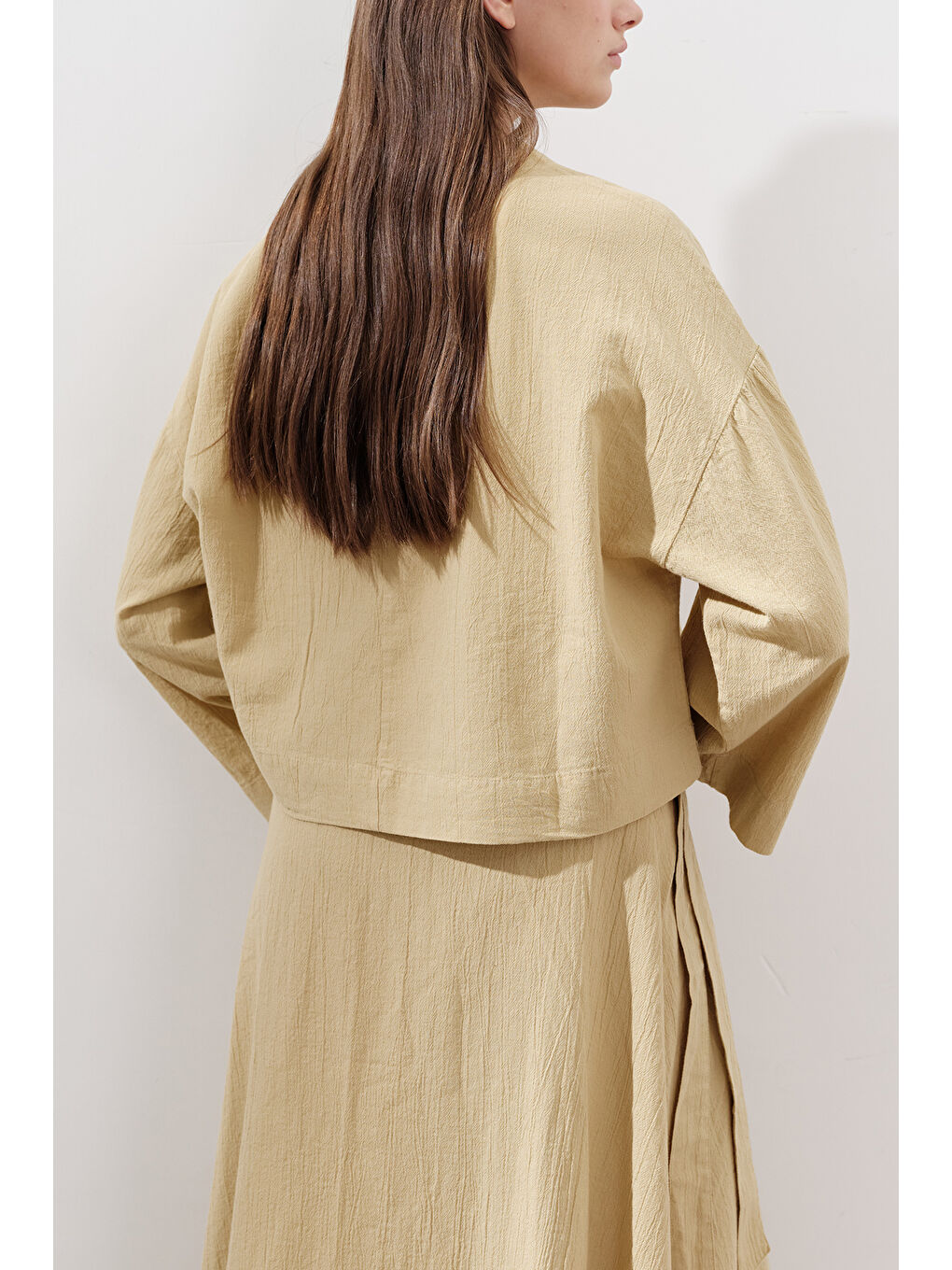 Pamuklu Geniş Kol Crop Bluz Sarı-5