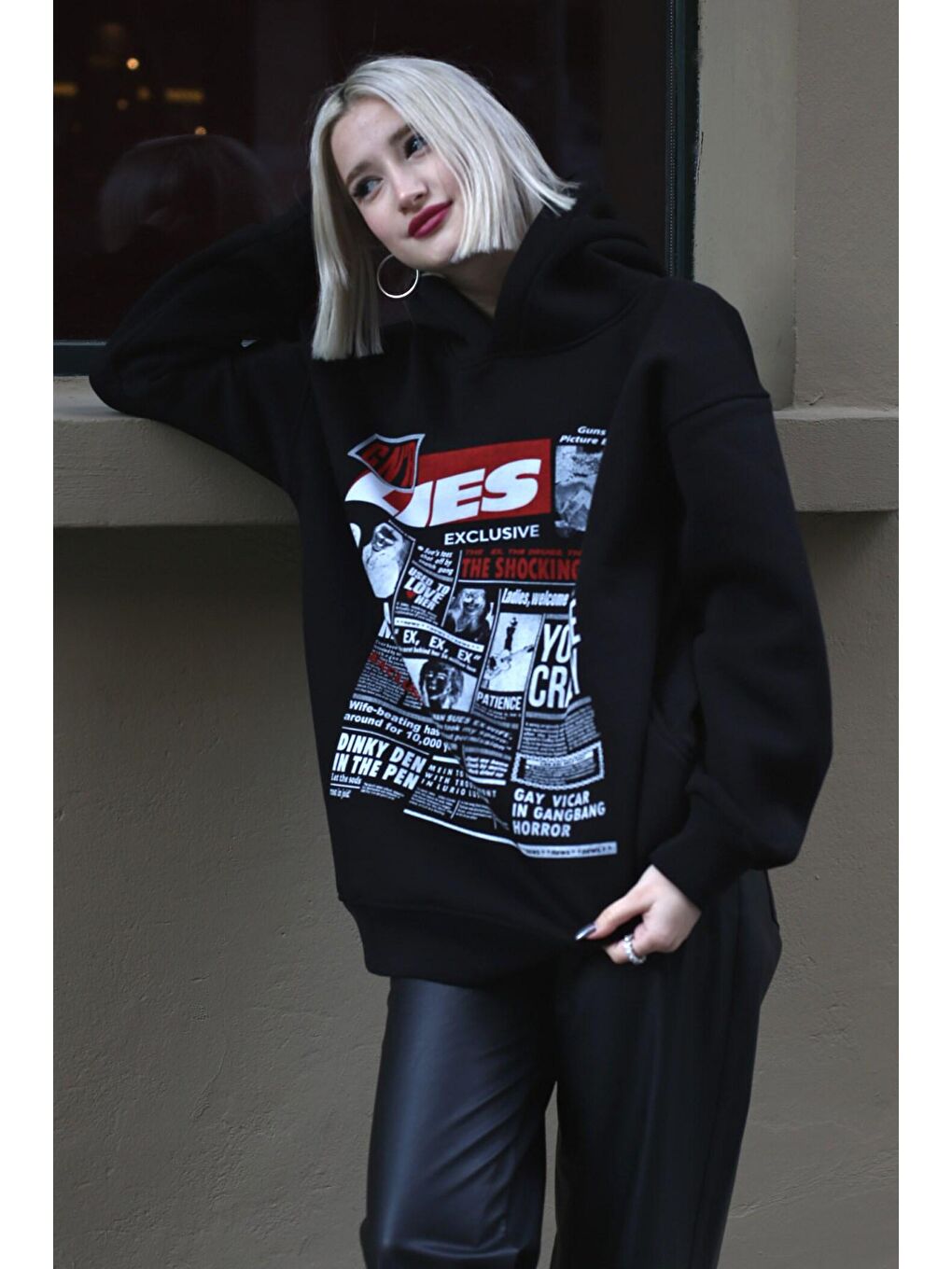 Madmext Siyah Baskılı Oversize Kapüşonlu  Kadın Sweatshirt MG1581 - 1